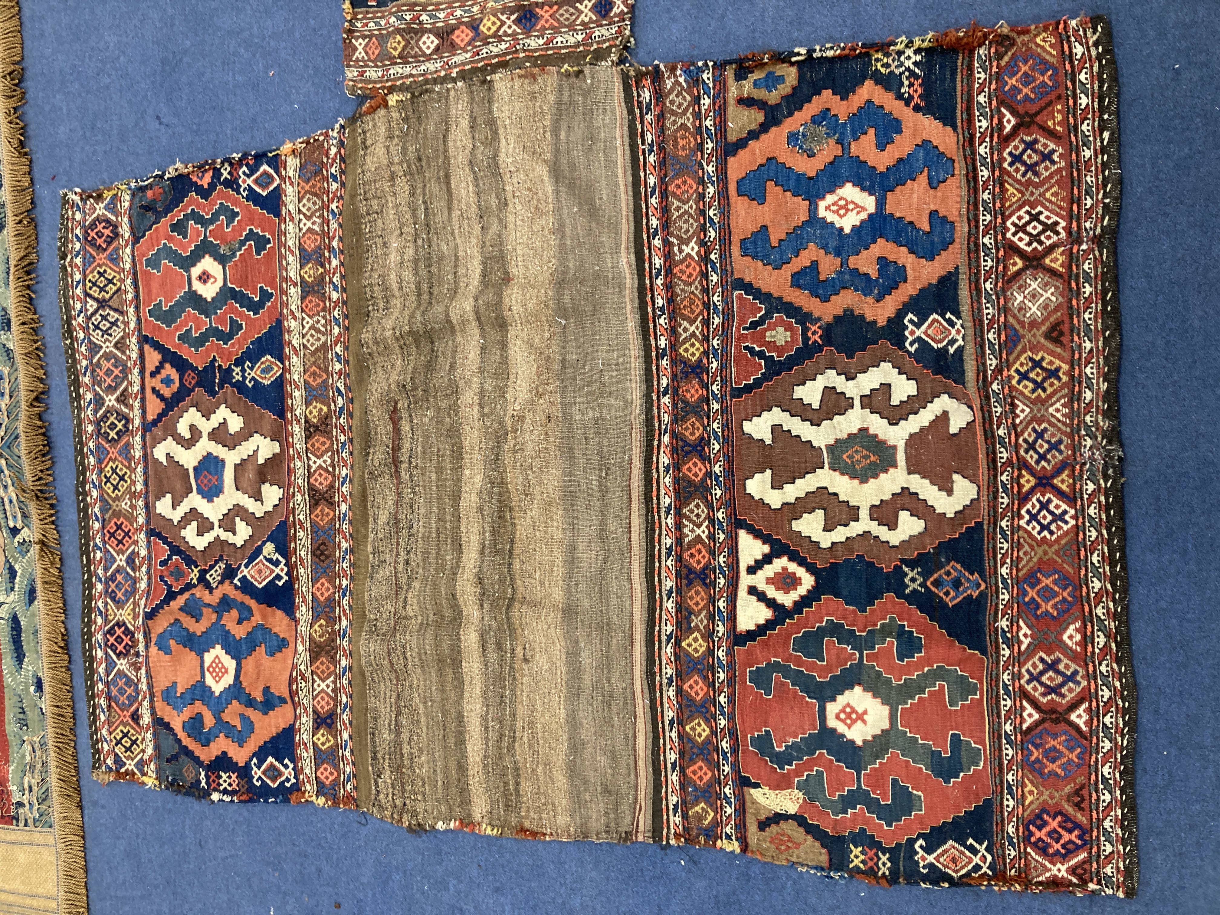 A Shah Savan embroidered Kelim cradle, 176 x 170cm and a small bag face rug, 49 x 54cm